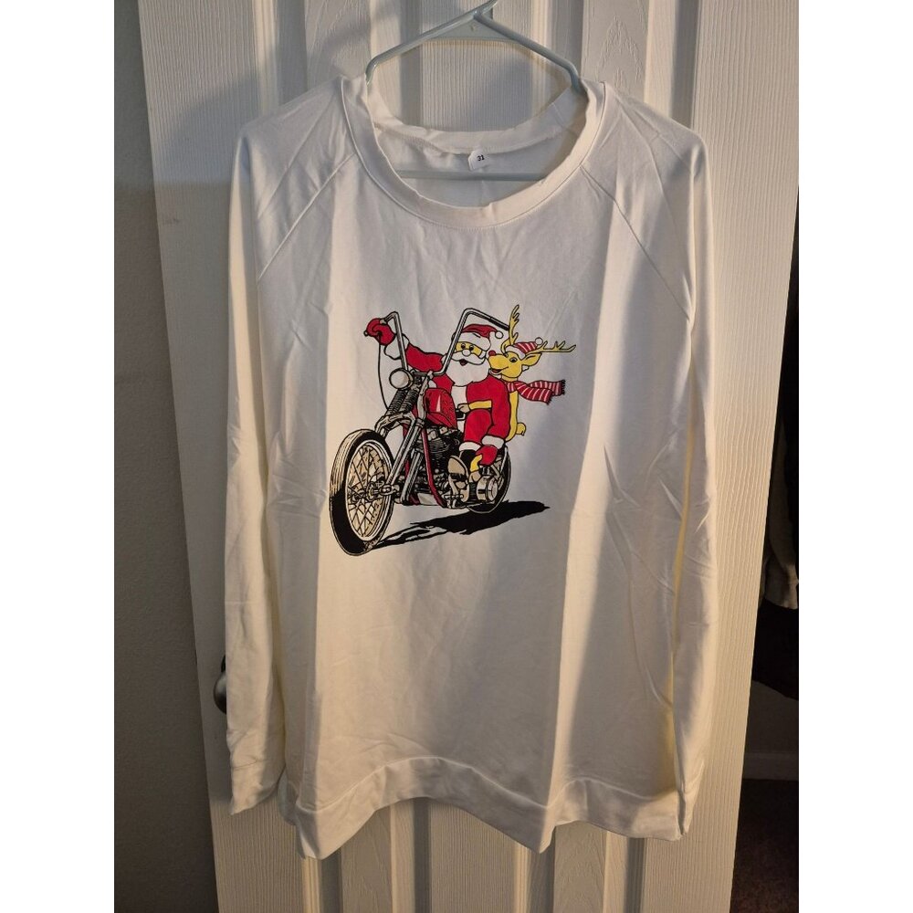 Santa & Reindeer On Motorcycle Christmas Long Sleeve Shirt White L